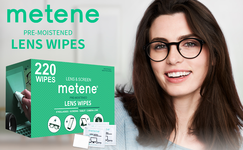 Metene Lens Cleaning Wipes, 220 PCS Individually Wrapped Glasses Wipes, PreMoistened Lens Wipes