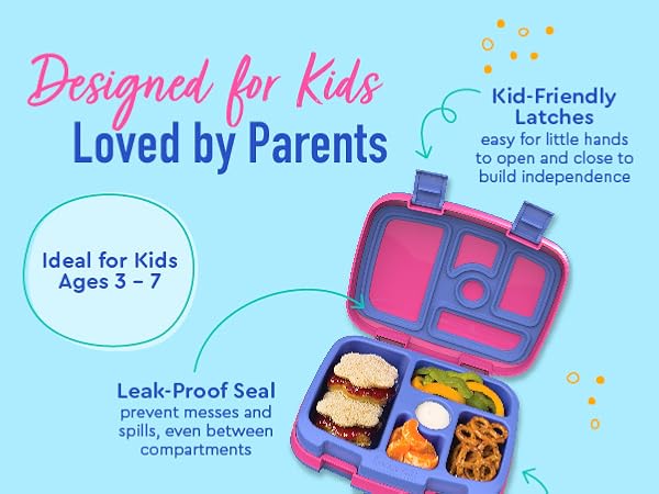 designed for kids ages 3 - 7 loved by parents easy open latches leak proof 5 compartments healthy