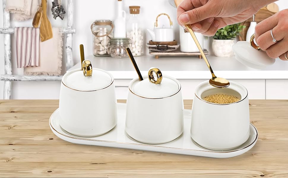Foraineam Porcelain Sugar Bowl with Lid and Spoon Set of 3