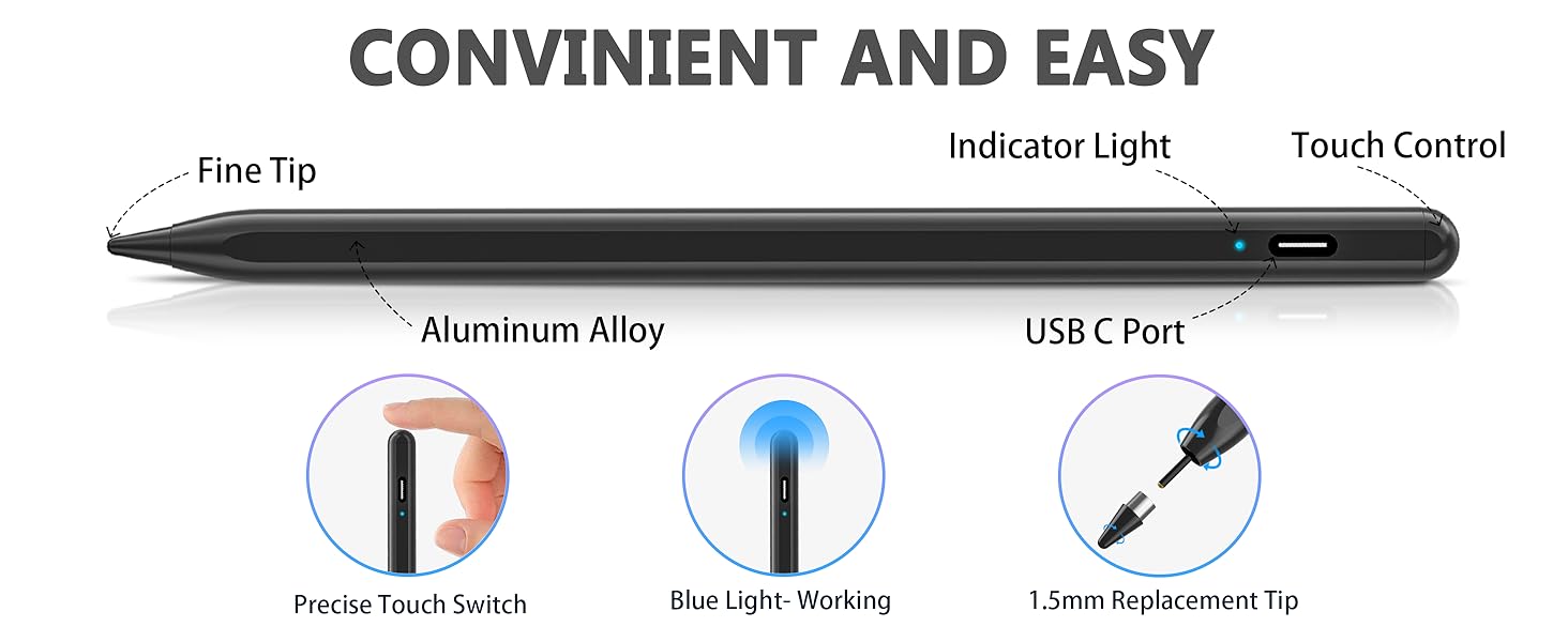 Stylus Pen, Tablet Pen Compatible for iOS and Android Touchscreens, Rechargeable Stylus Pen with