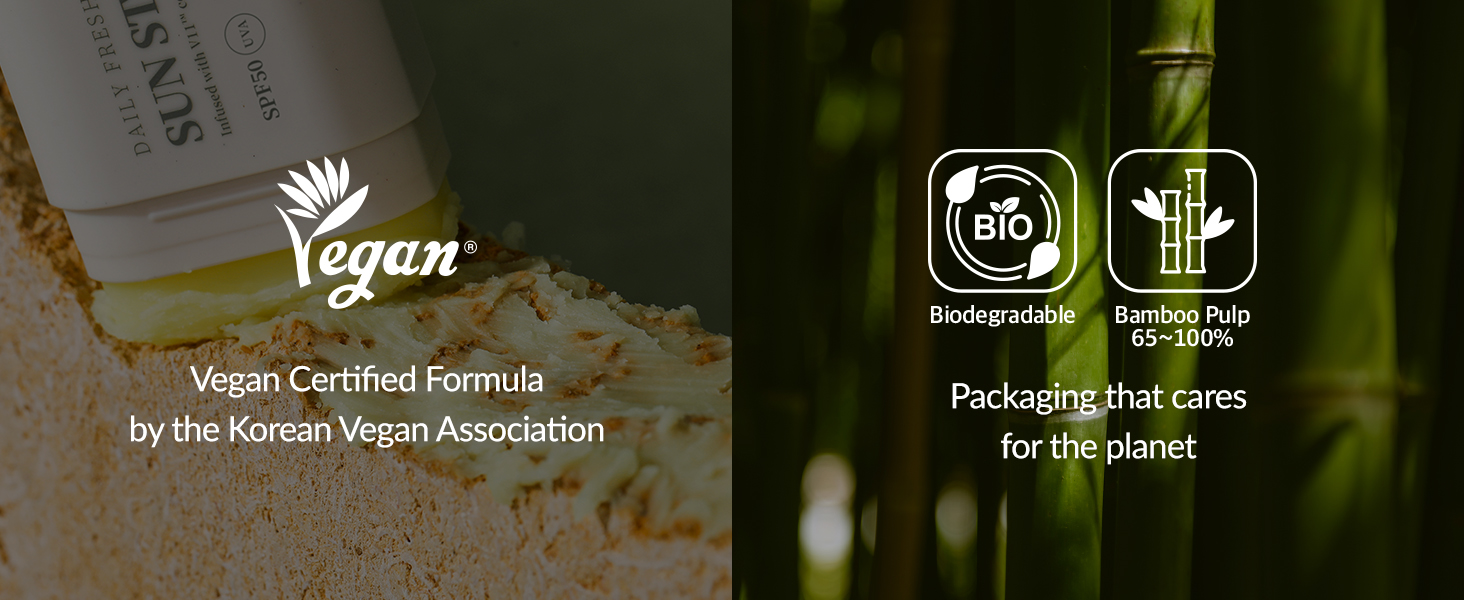 Cosmetic product packaging with vegan certification and eco-friendly icons. Text highlights Korean Vegan Association approval and planet-friendly packaging using biodegradable and bamboo-based materials.