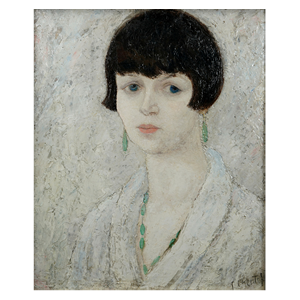 A painting of a woman with short black hair and a white fur coat. She has a green beaded necklace.
