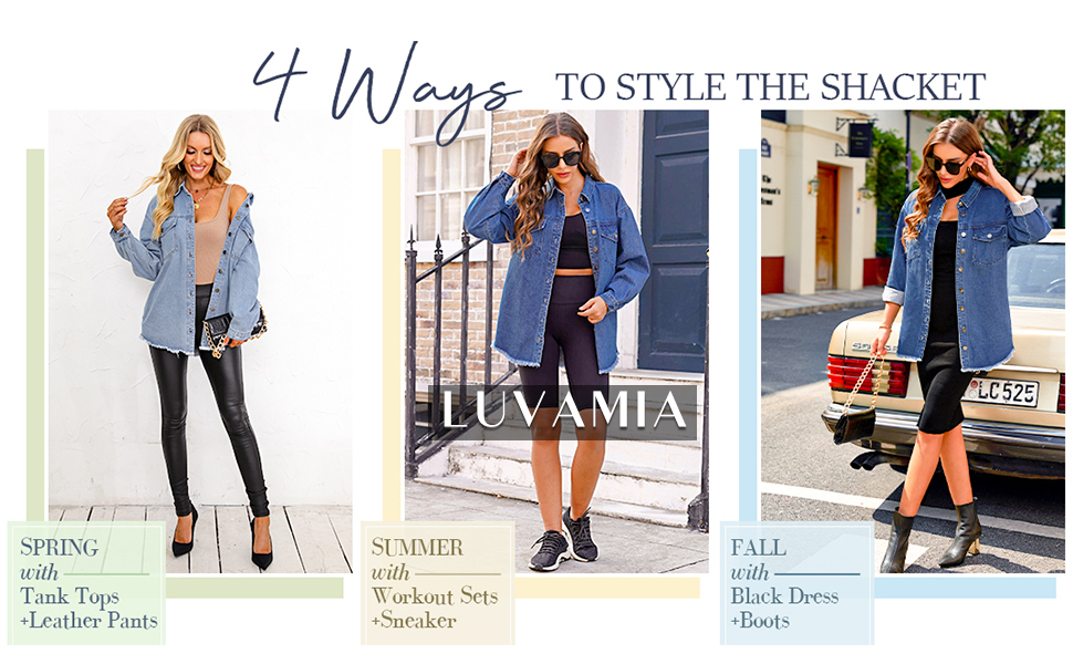 luvamia Denim Jacket for Women Button Up Frayed Hem Shacket Long Sleeve