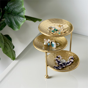 Jewelry Dish Organizer Hammered Brass Metal Ring Tray, Earring, Necklace Storage Display Tower