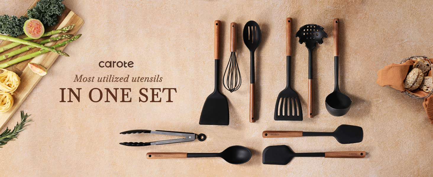 silicone cooking utensils set with acacia wooden handle