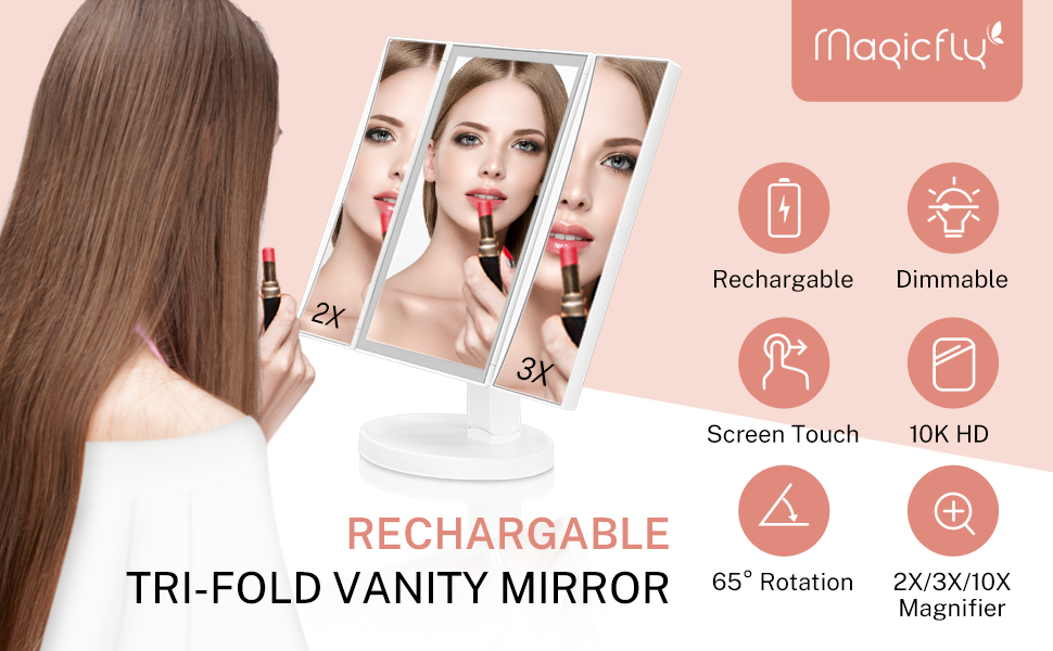 Magicfly Rechargeable Makeup Mirror Vanity Mirror with 60 LED Trifold Mirror, 1X/2X