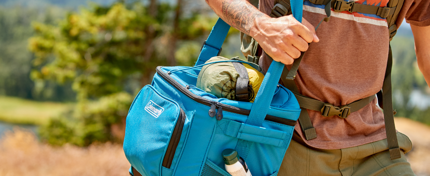 soft cooler coleman lunch snacks hike picnic nature travel man walking storage pocket size zipper