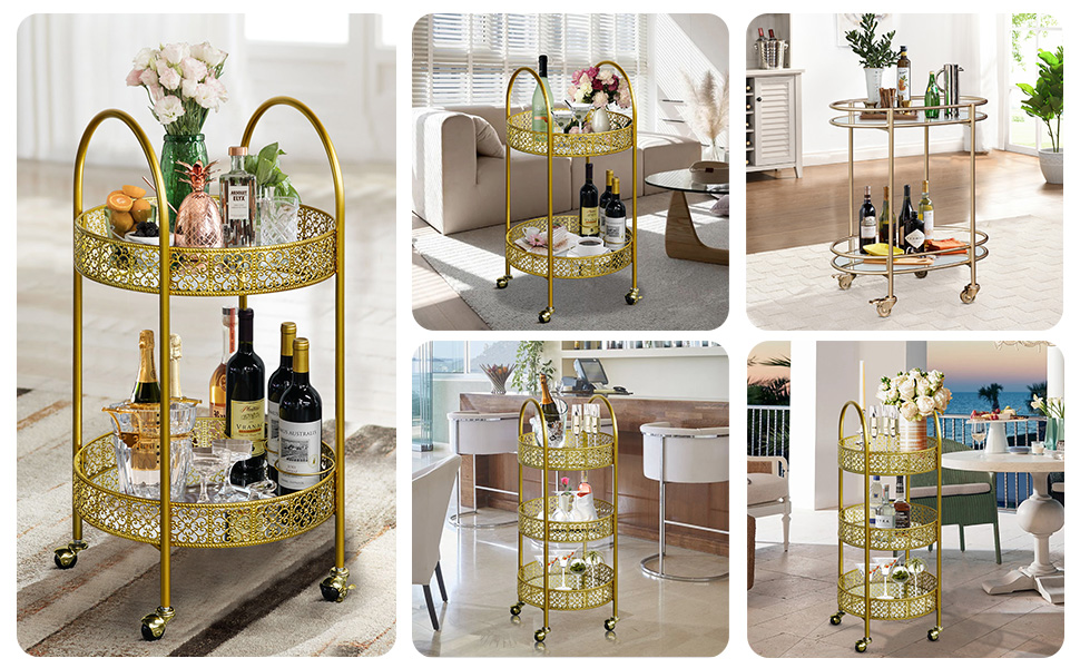 Ohsuaniy Bar Cart Gold, Round Circle Wine Cart 2 Mirror