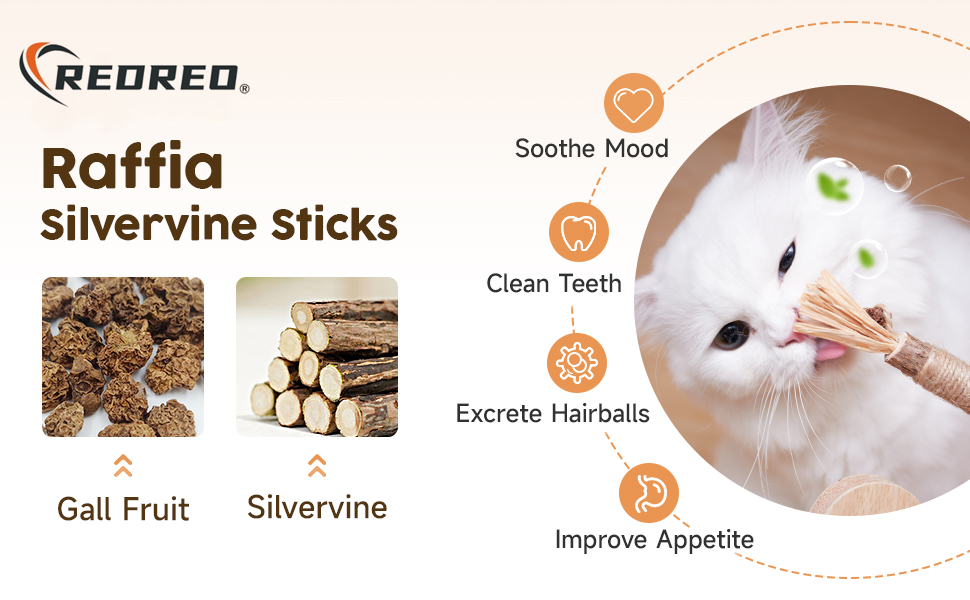 Redreo Raffia Silvervine Sticks für Katzen. Die Produktbilder zeigen Gallfrucht und Silberrebe. Aufgelistete Vorteile: Beruhigt die Stimmung, reinigt die Zähne, scheidet Haarballen aus, verbessert den Appetit