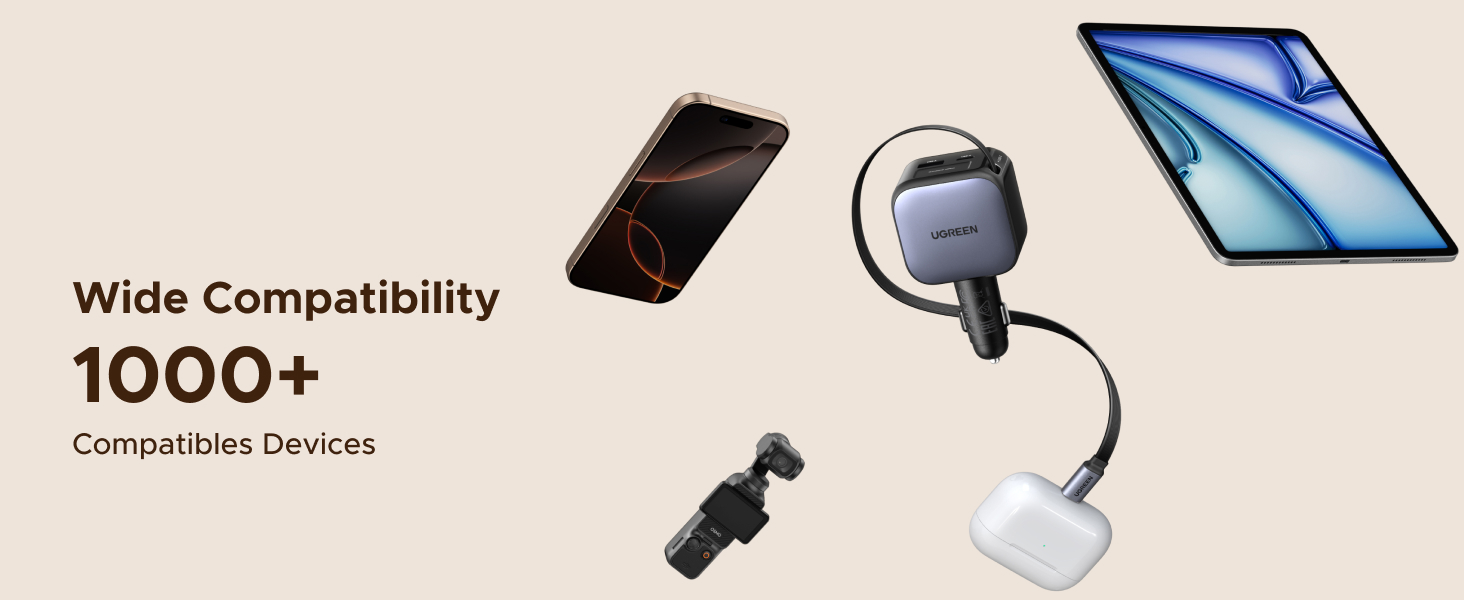 Text reads: 'Wide Compatibility 1000+ Compatible Devices'. Image shows various electronic devices including smartphones, earbuds, and a tablet arranged on beige background.