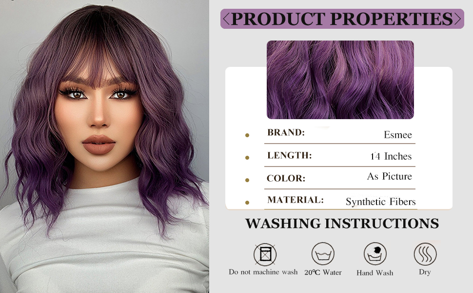 Esmee Short Wavy Ombre Purple Bob Wig with Bangs for Women Natural