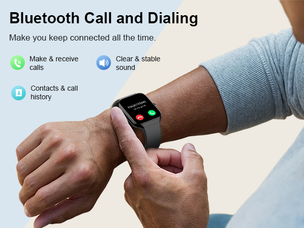 Smartwatch interface showing Bluetooth calling features including make/receive calls, clear sound, and contacts display on a digital screen.