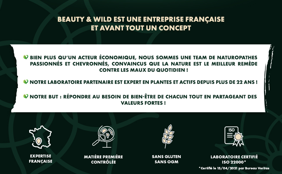 en français avec quatre icônes circulaires affichant les valeurs et les certifications de l'entreprise, avec du texte en blanc sur fond foncé.