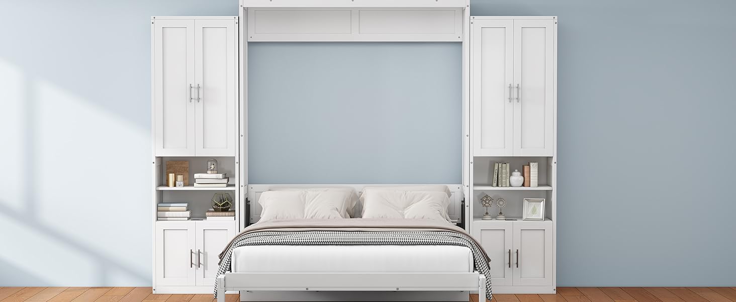 Queen Size Murphy Bed with 2 Side Cabinet Storage Shelves Cabinet Folding Wall Bed with -White