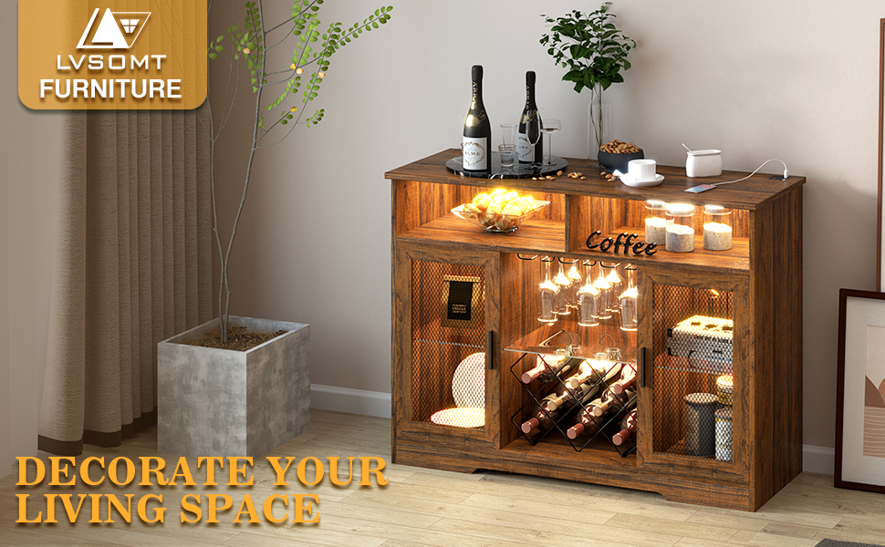 LVSOMT Bar with Wine Rack and Glass Holder, LED