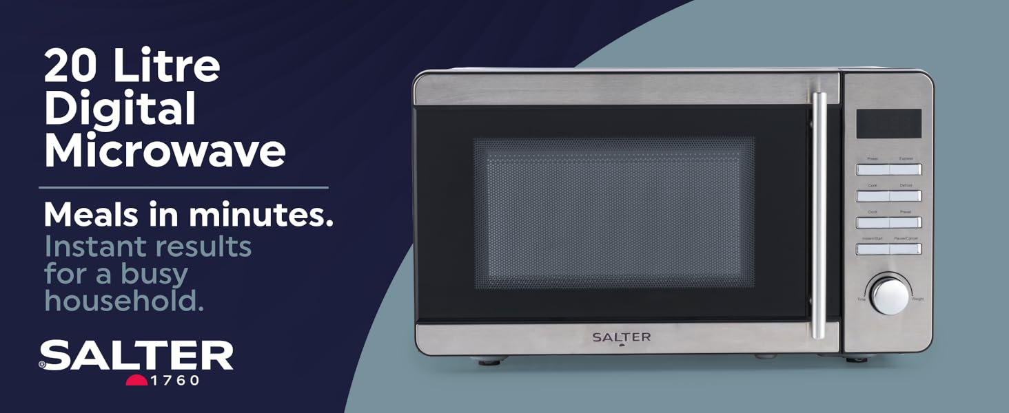 A stainless steel digital microwave with thin stainless steel handle 