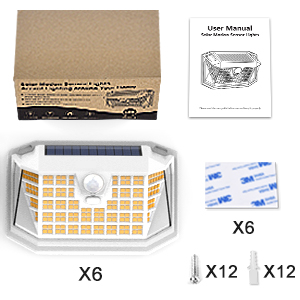 Package includes 6 outdoor solar lights, 6 pieces of 3M tapes and 12 screws