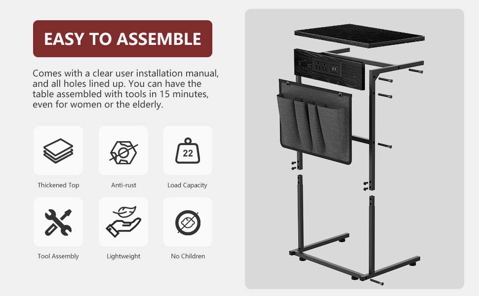Evermagin C Shaped End Table with Charging Station, Small Couch Side Table with