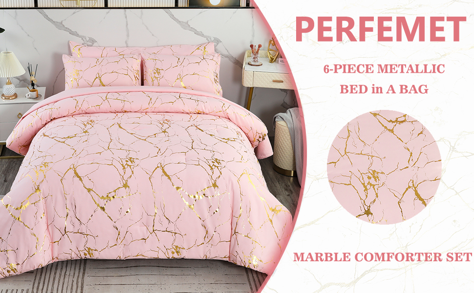 PERFEMET Pink Gold Comforter Set 6Pcs King Size Bed in a
