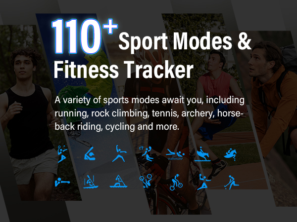 Fitness tracker interface displaying '110+ Sport Modes' with various activity icons including running, cycling, and climbing shown below.