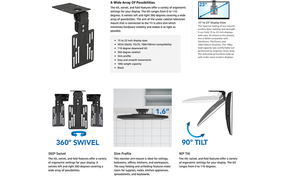 MountIt! MILCDCM Kitchen Under Mount TV Ceiling Mount Folding Bracket, 90 Degree Tilt