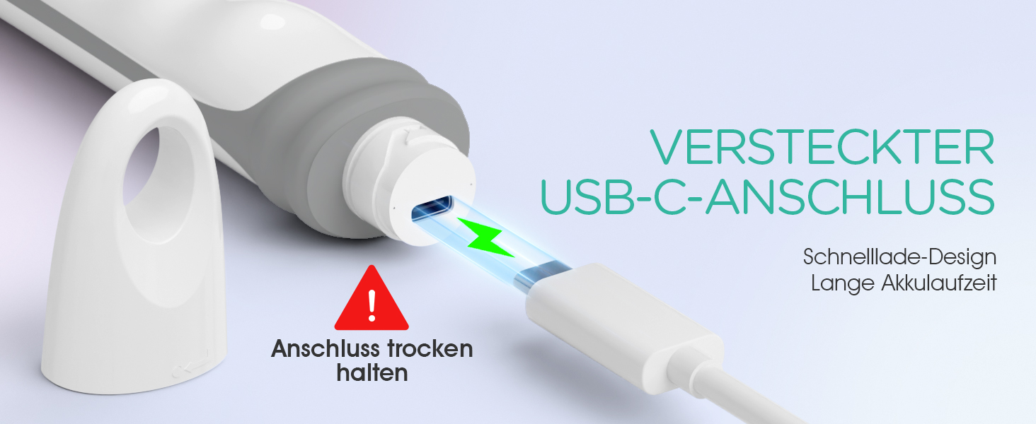 Der Text lautet „VERSTECKTER USB-C-ANSCHLUSS“. Produktfotos in Nahaufnahme zeigen ein weißes elektronisches Gerät mit versteckten Verbindungsdetails zum USB-C-Anschluss.