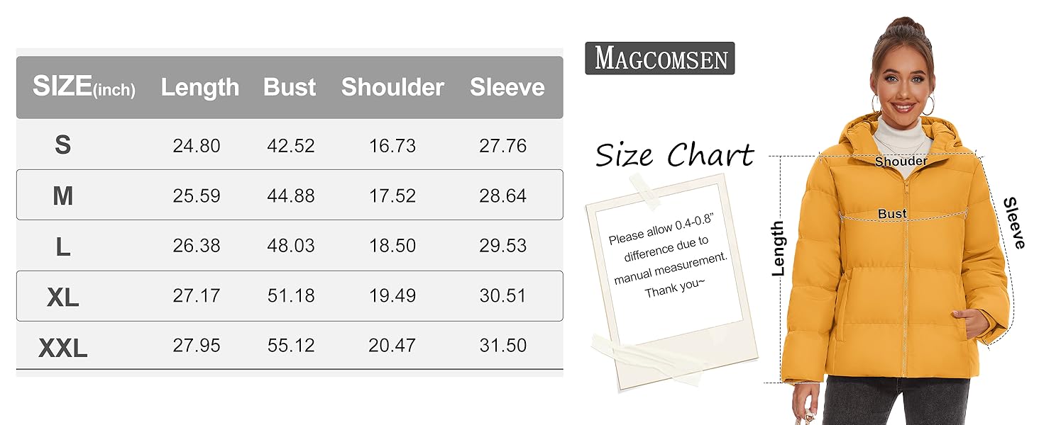 size chart for down jacket