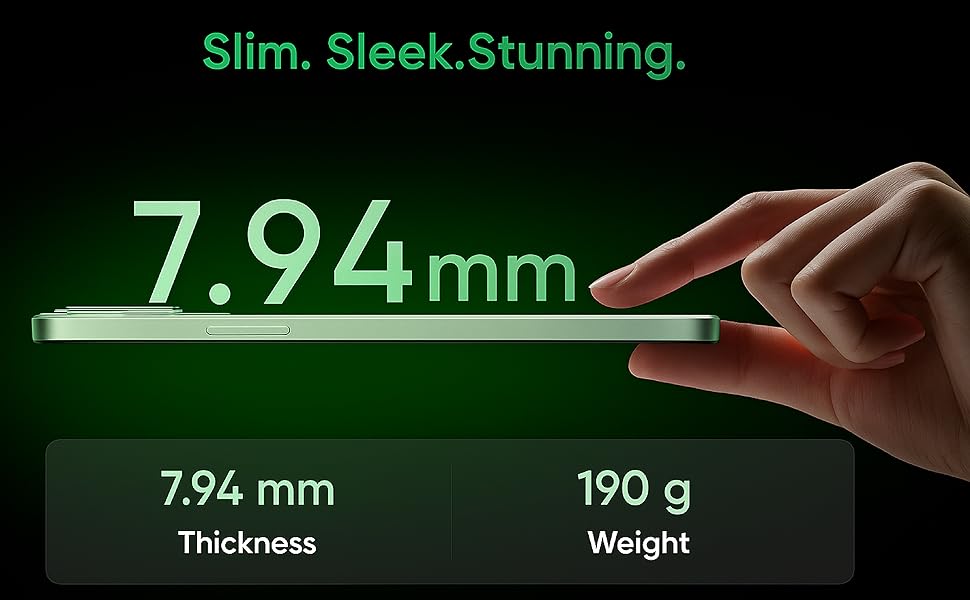 Slim profile of realme C73 5G, 7.94 mm thickness and 190 g weight, side view with fingertip gesture