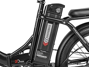 Close-up of electric bicycle frame showing black battery housing mounted on downtube, with detailed technical specifications visible.