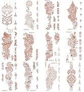 12 Sheets Henna Tattoo Stickers, Waterproof Red Ink Henna hands Tattoo ，Mehndi Fake Tattoos for W...