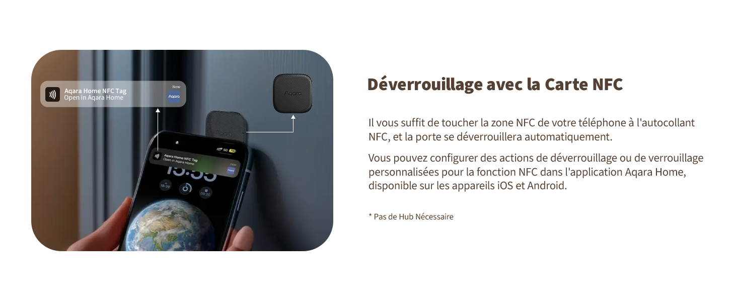 Écran d'interface numérique affichant du texte sur le déverrouillage de la carte NFC, avec fond sombre et texte blanc.
