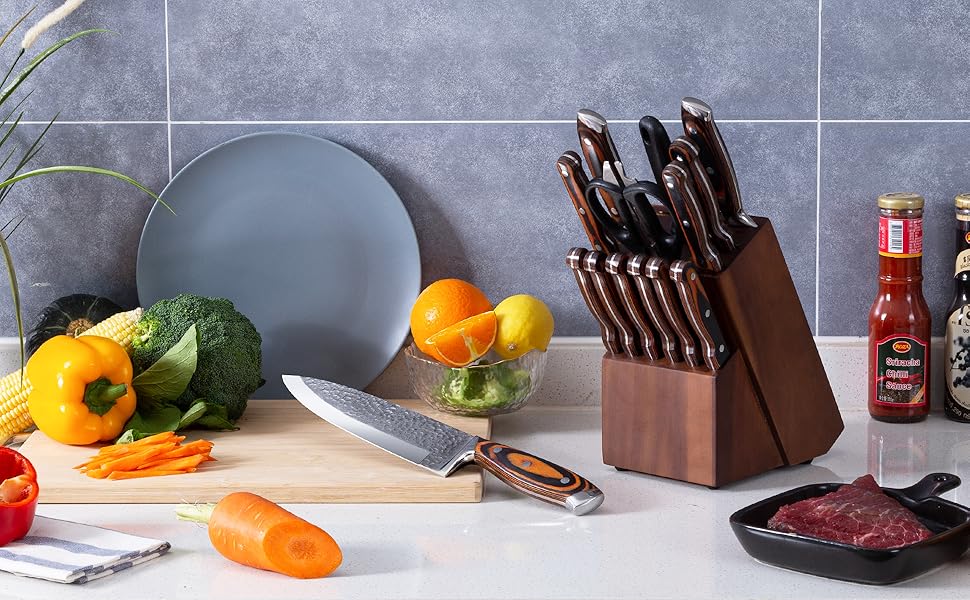 Knife Sets for Kitchen with Block, 15 Piece Kitchen Knife