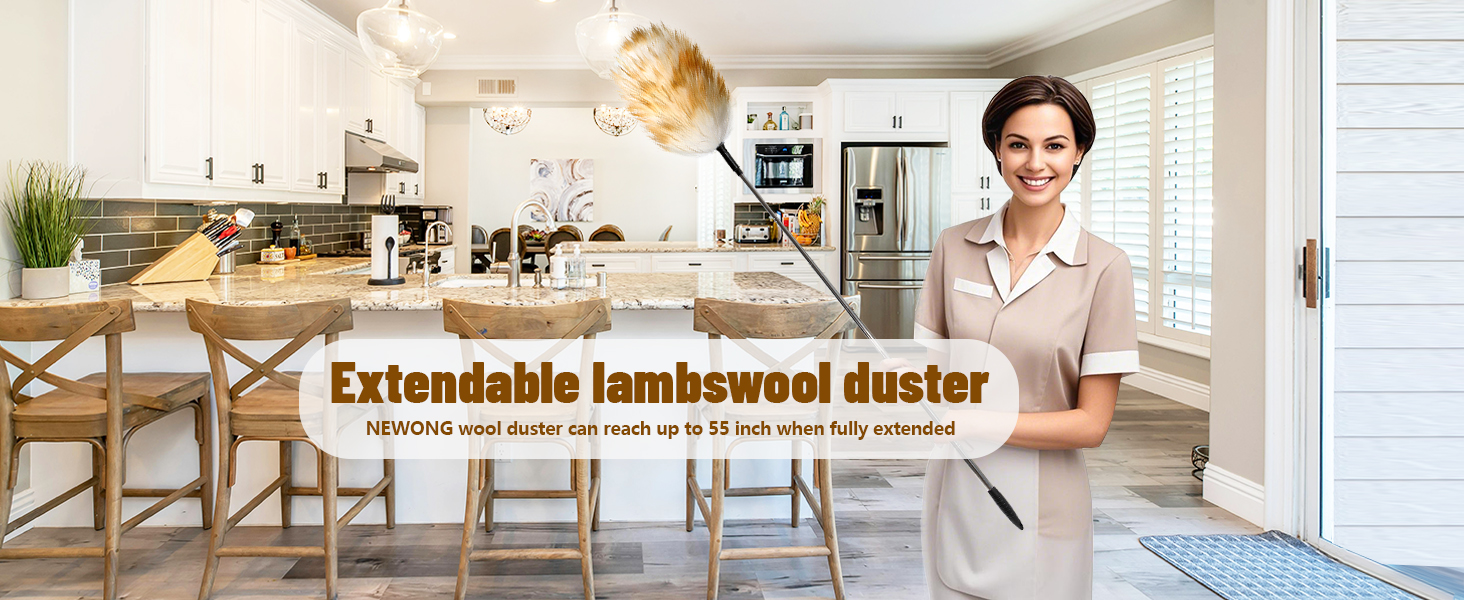Extendable lambswool duster can reach up to 55inch when fully extended