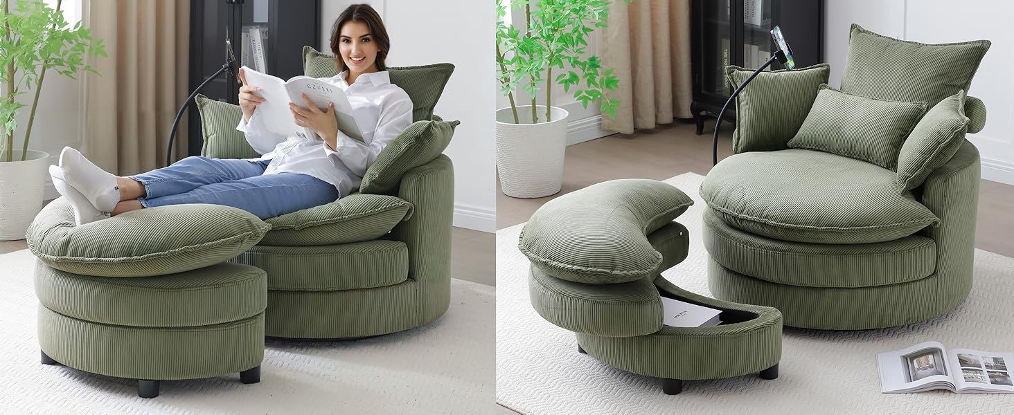 Swivel Accent Chair-Corduroy Ultra-Soft and Cozy Throw Pillows,Hidden Zippers