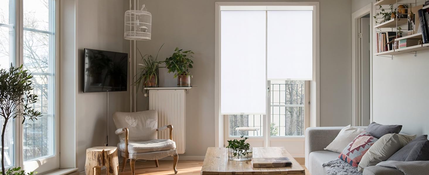 SUNOFF 100% Blackout Roller Shades Free-Stop with Valance for Door