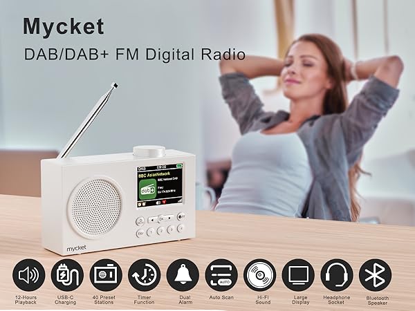 رادیو دیجیتال مایکت DAB/DAB+ FM با صفحه نمایش LCD و آیکونهای عملکرد چندگانه که در پایین نشان داده شده است. طراحی جمع و جور سفید با آنتن قابل افزایش.