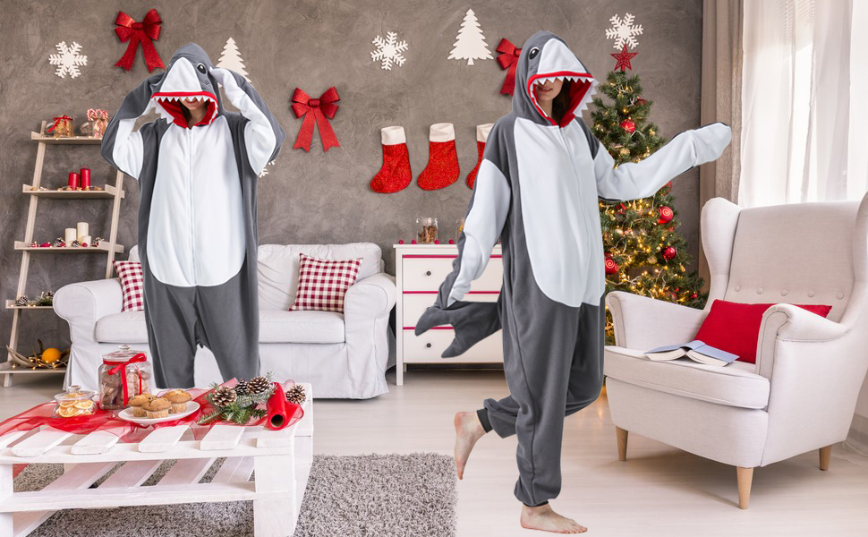 Shark Onesie Pajamas Adult Animal Shark Cosplay Costume Halloween Christmas Homewear Sleepwear