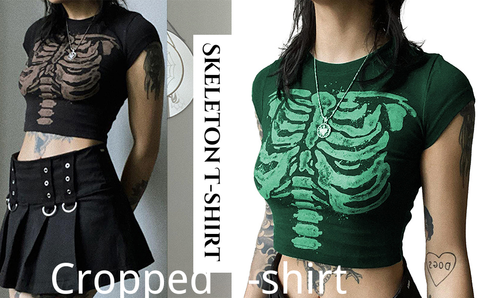 CORIRESHA Women's Skeleton Print Slim Crop Gothic T-Shirt