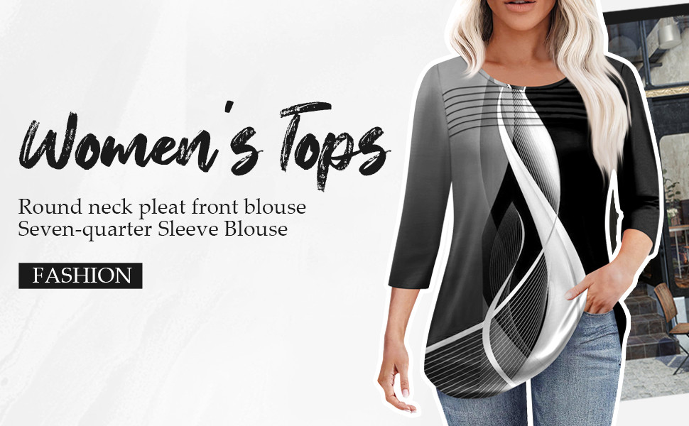 Women's Blouses Crew Neck Shirts 3/4 Sleeve Long Shirt Elegant Tops