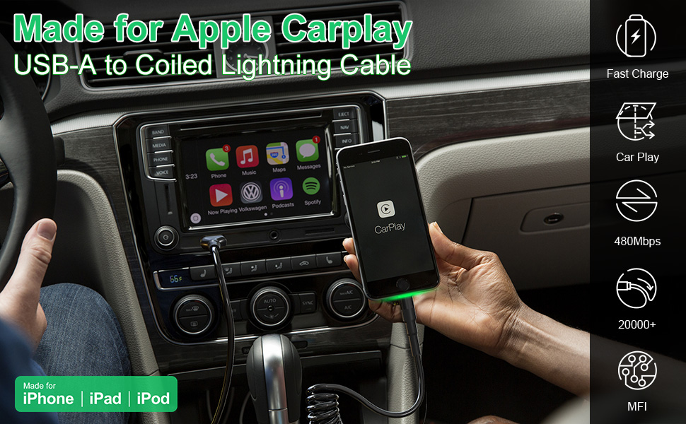 2 Pack Coiled Lightning Cable Apple Carplay[ Mfi Certified],6FT Short Retractable iPhone Charger