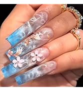 IMRAIN Press on Nails Extra Long Square Fake Nails with Blue Gradient Design Glossy Glue on Nails...