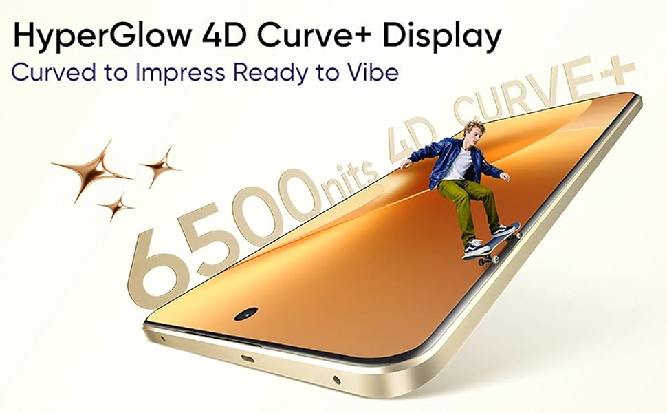 smartphone gold screen 4D curved display 6500 nits brightness skateboarder graphic white background