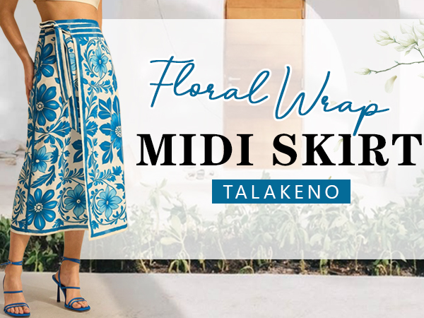 Talakeno Womens Floral Wrap Midi Skirt Summer Adjustable Tie