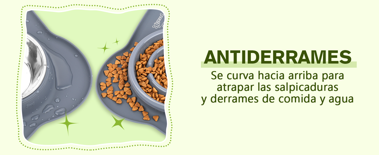 Ilustración de la sección transversal del cuenco para mascotas que muestra un diseño curvo. El texto «ANTIDERRAMES» indica la característica a prueba de derrames de alimentos
