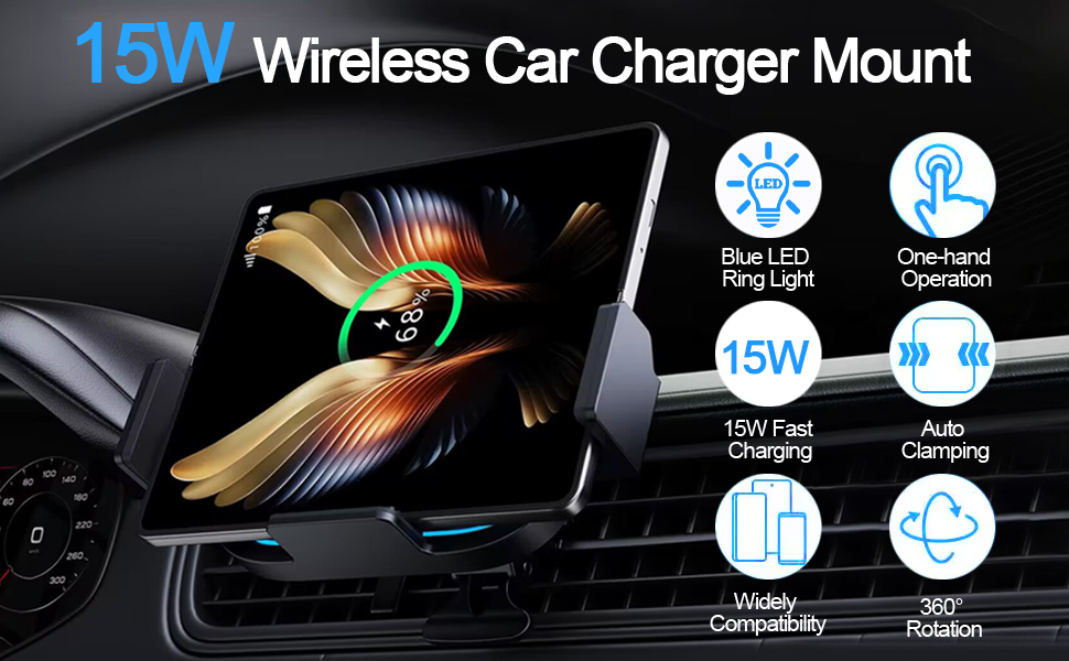 Wireless Car Charger for Galaxy Z Fold 5/4/3/2, 15W Fast Charging Car Mount, Car Accessories, Air Vent Charging Car Phone Holder for Galaxy Z Fold 2, Landscape Mobile Phone Mount for Galaxy Z Fold 12 wireless car charger