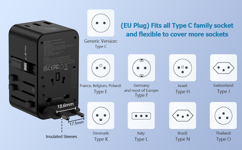 FOVAL European Travel Plug Adapter, Universal Travel Adapter with Retractable US... 18 european plug adapter