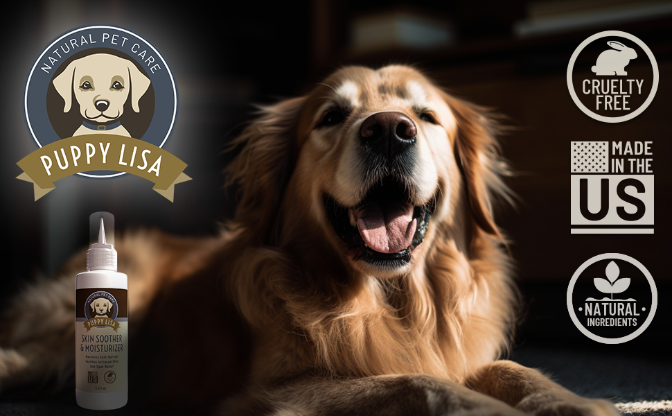 Dog laying next to Soother & Moisturizer Cruelty-Free, Made in the US, Natural Ingredients overlay