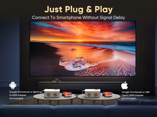 Werbung für Spielgeräte. Fernsehen zeigt Sonnenuntergang am Strand. Text: „Einfach einstecken und loslegen, ohne Signalverzögerung mit dem Smartphone verbinden“. Zwei Controller