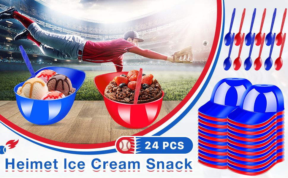 CLRBEATTY 24 Pack Baseball Helmet Ice Cream Bowls with Spoons,8 oz Plastic Baseball