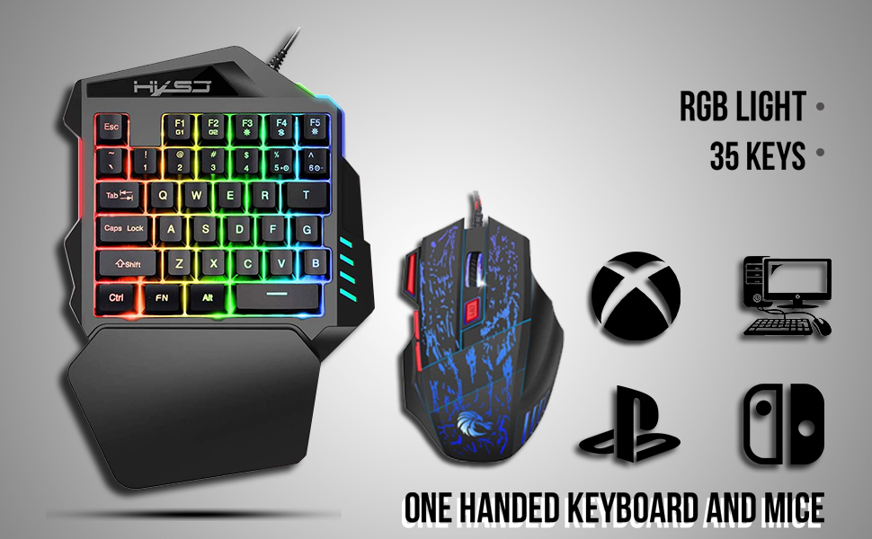 One-handed gaming keyboard with 35 RGB backlit keys and ergonomic design, paired with a gaming mouse featuring colorful LED lighting. Various gaming platform icons shown.